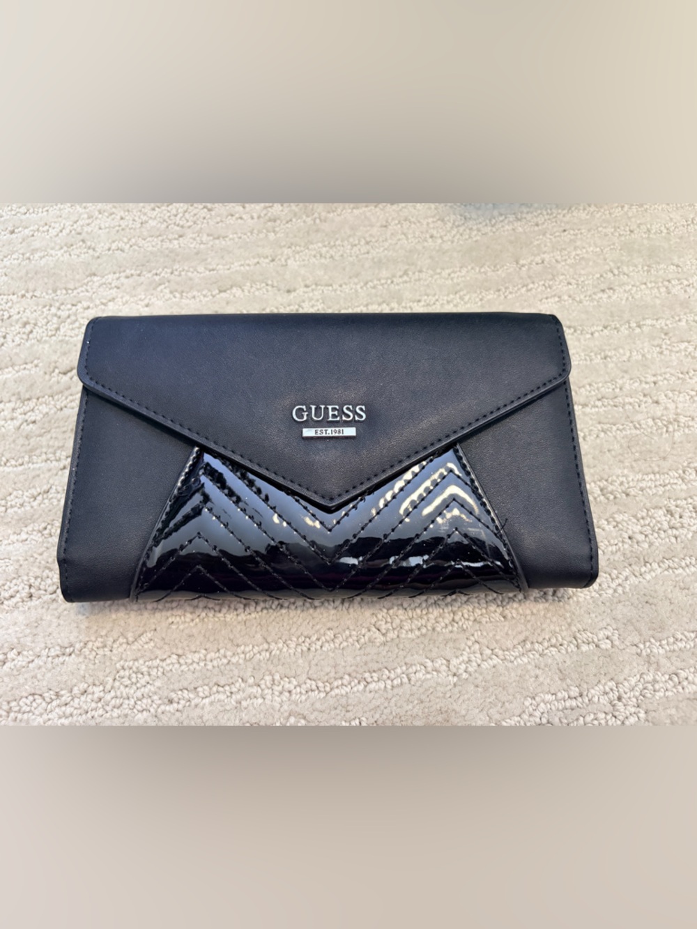 GUESS Black Envelope Wallet with Quilted Patent Accent